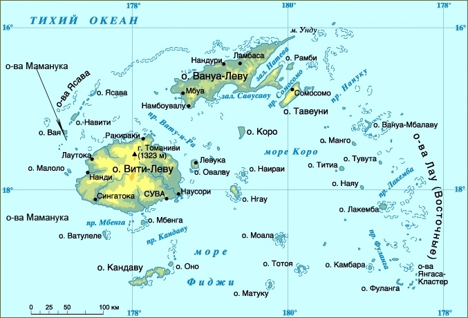 Физическая карта островов Фиджи